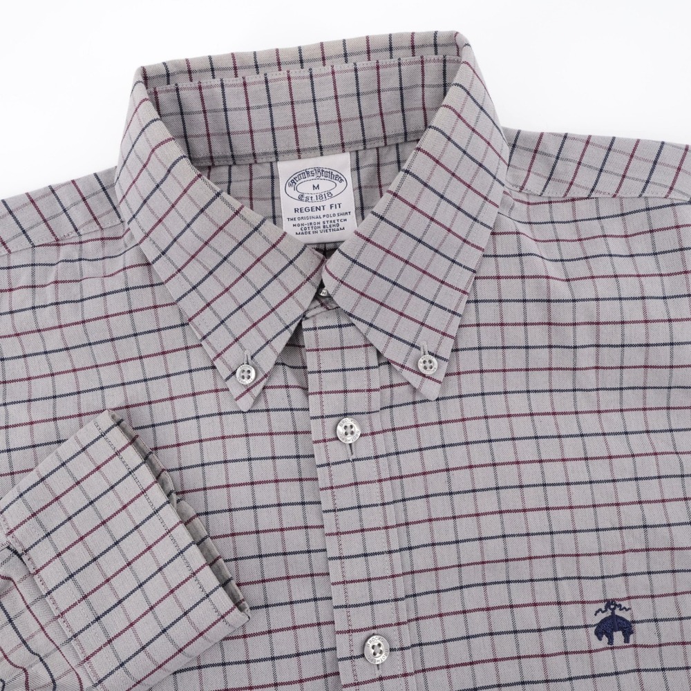 Brooks Brothers Regent Fit Tattersall Shirt Grey Long Sleeve Mens Size M